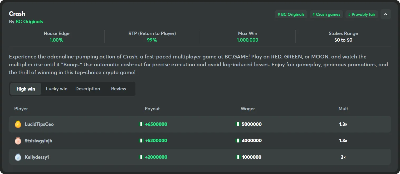 bc game casino originals crash high wins