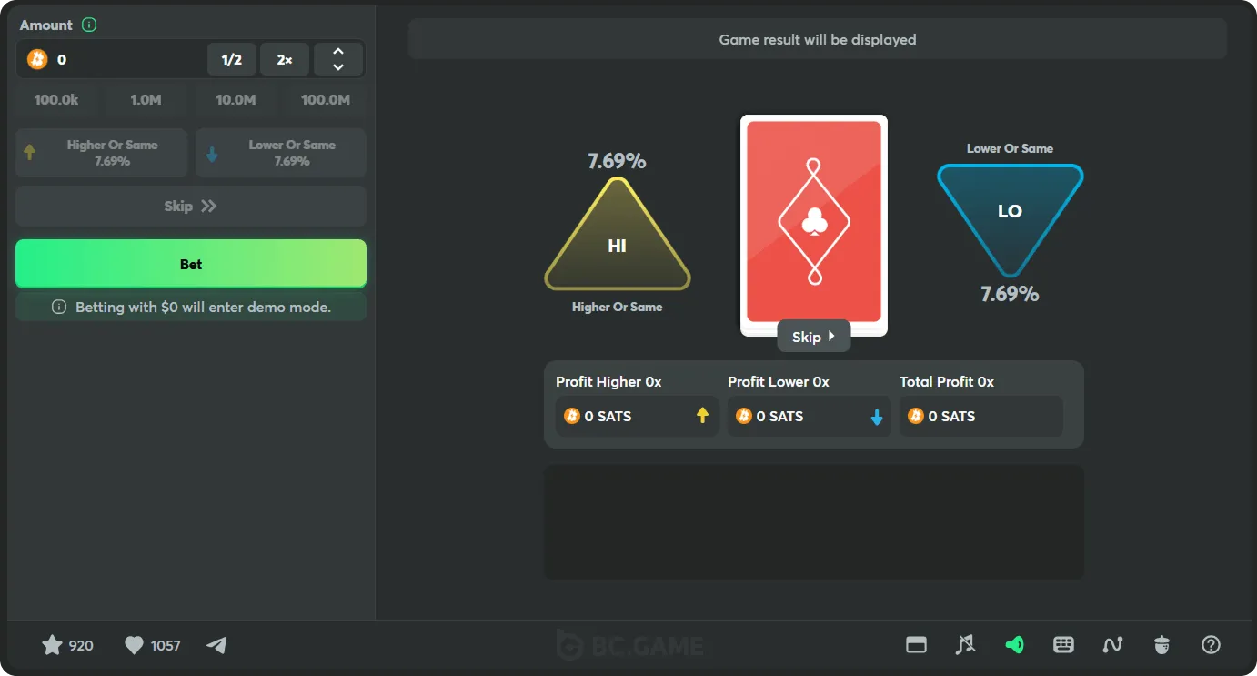 bc game casino originals hilo demo screenshot