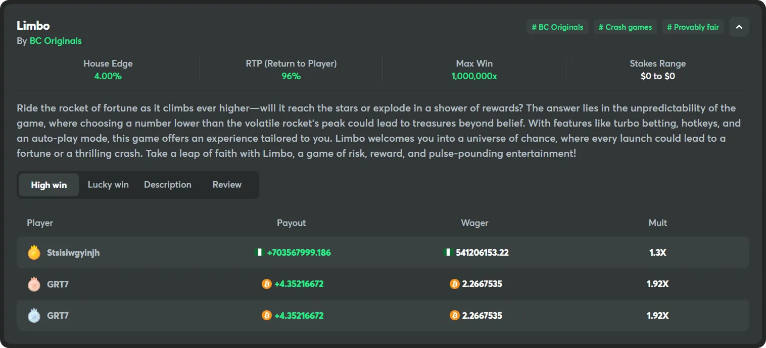 bc game casino originals limbo high wins
