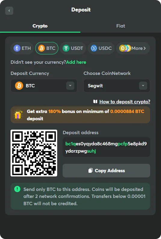deposit in crypto btc screen at bc game
