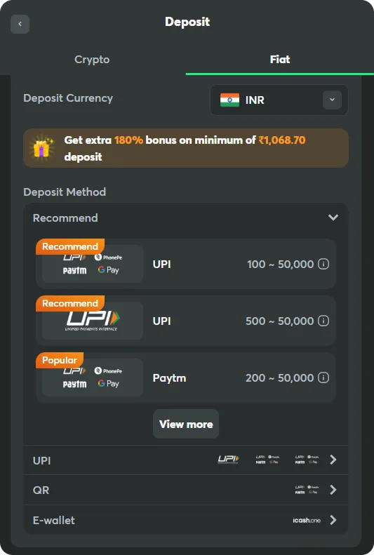 deposit in fiat inr screen at bc game